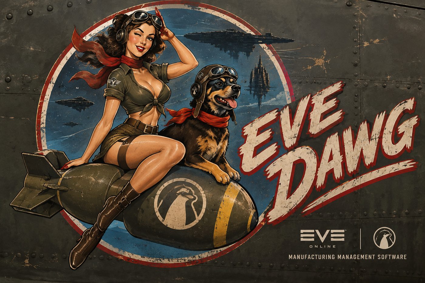 EVE DAWG nose art — a goggled pilot and her flight-helmeted dog seated on a bomb